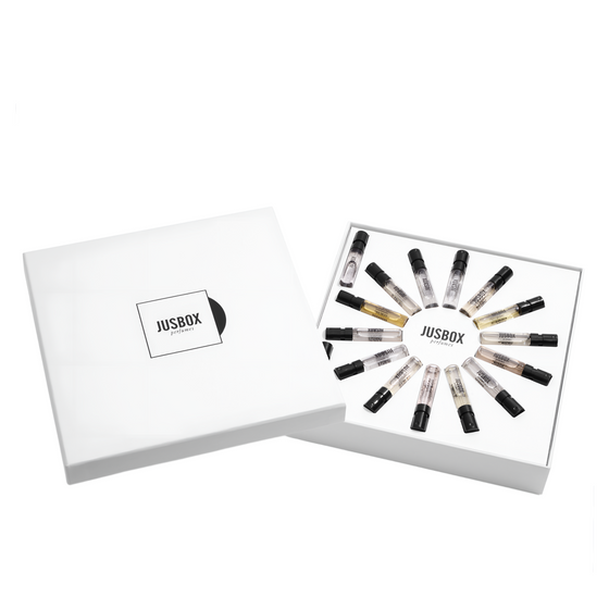 Jusbox Discovery Kit 16x1.5ml - The Scent Room     Includes: Beat Cafe 14 Hour Dream Micro Love Feather Supreme Black Powder Feel n Chill Green Bubble Carioca Heart Visionary Eye Good Morning Spring Dance Night Flow Siren and Sailors Suit of Lights Golden Serenade Cheeky Smile