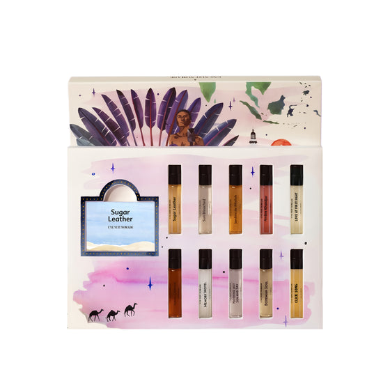 Une Nuit Nomade Discovery Set 10x2ml - The Scent Room     Includes: Sugar Leather Sun Bleached Jardins de Misfah Ambre Khandjar Love at First Sight Suma Oriental Memory Motel Nothing but Sea and Sky Bohemian Soul Click Song